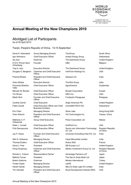 Annual Meeting of the New Champions 2010 Abridged List Of