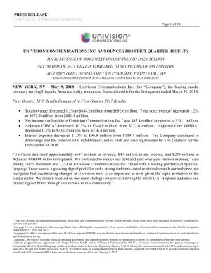 Univision Communications Inc. Announces 2018 First Quarter Results
