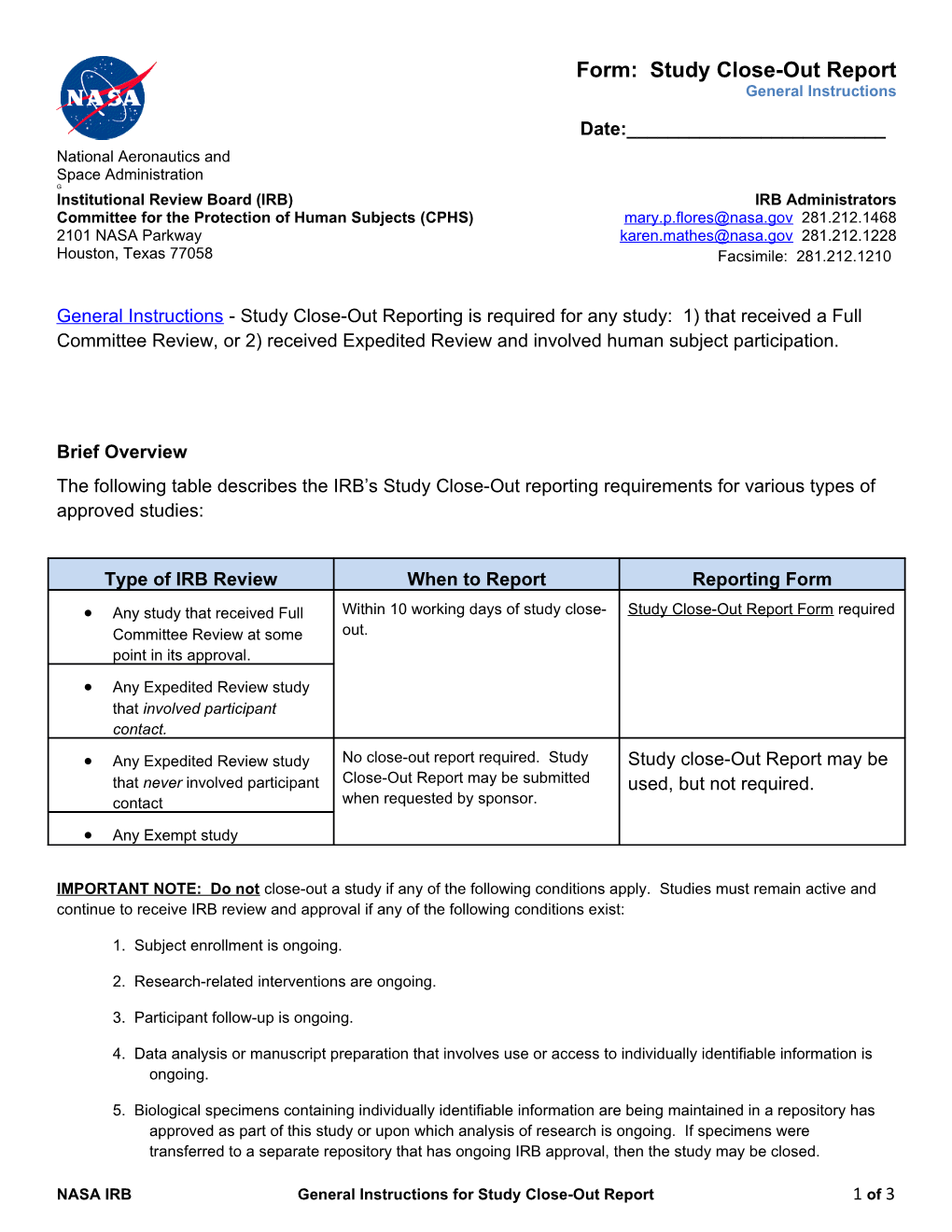 NASA IRB Full Board Review Application