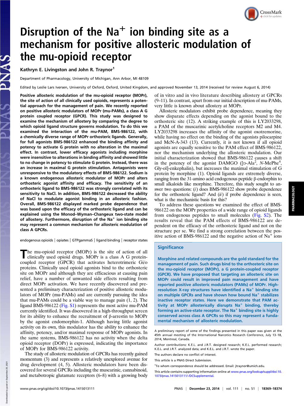 Ion Binding Site As a Mechanism for Positive Allosteric Modulation of the Mu-Opioid Receptor