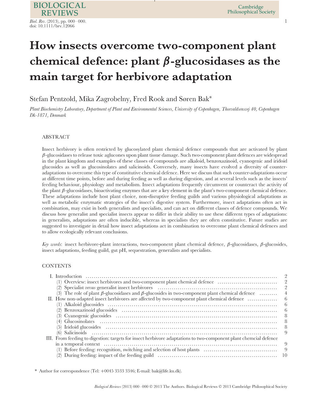 How Insects Overcome Two-Component Plant Chemical Defence: Plant Β-Glucosidases As the Main Target for Herbivore Adaptation