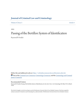 Passing of the Bertillon System of Identification Raymond B
