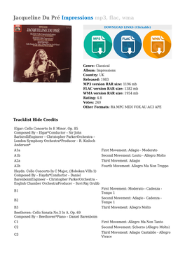 Jacqueline Du Pré Impressions Mp3, Flac, Wma