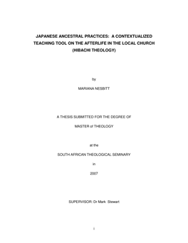 Japanese Ancestral Practices: a Contextualized Teaching Tool on the Afterlife in the Local Church (Hibachi Theology)