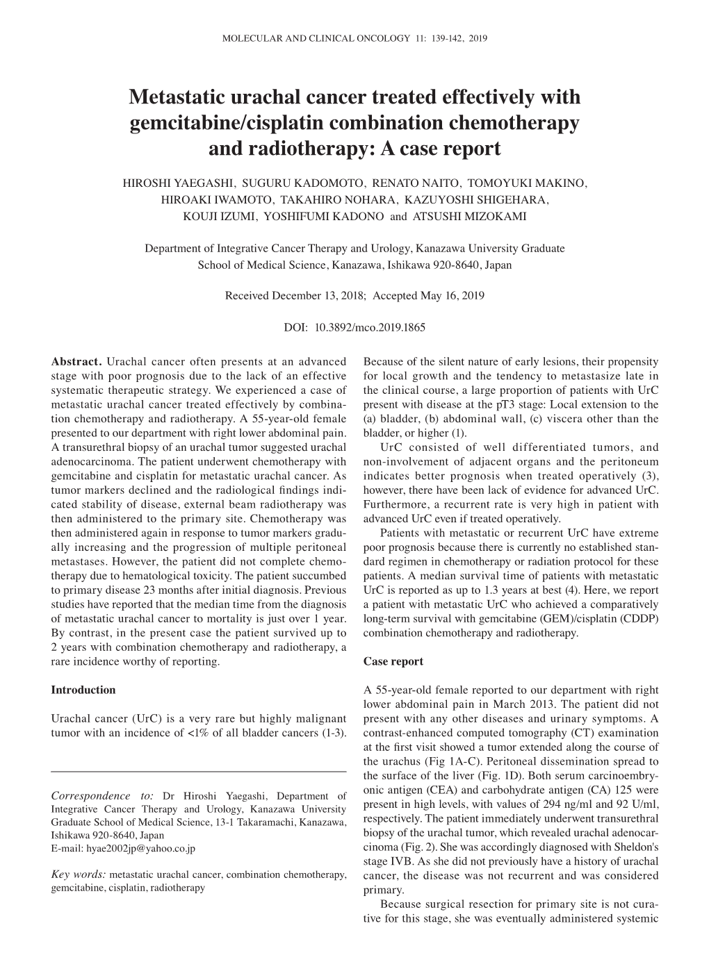 Metastatic Urachal Cancer Treated Effectively with Gemcitabine/Cisplatin Combination Chemotherapy and Radiotherapy: a Case Report