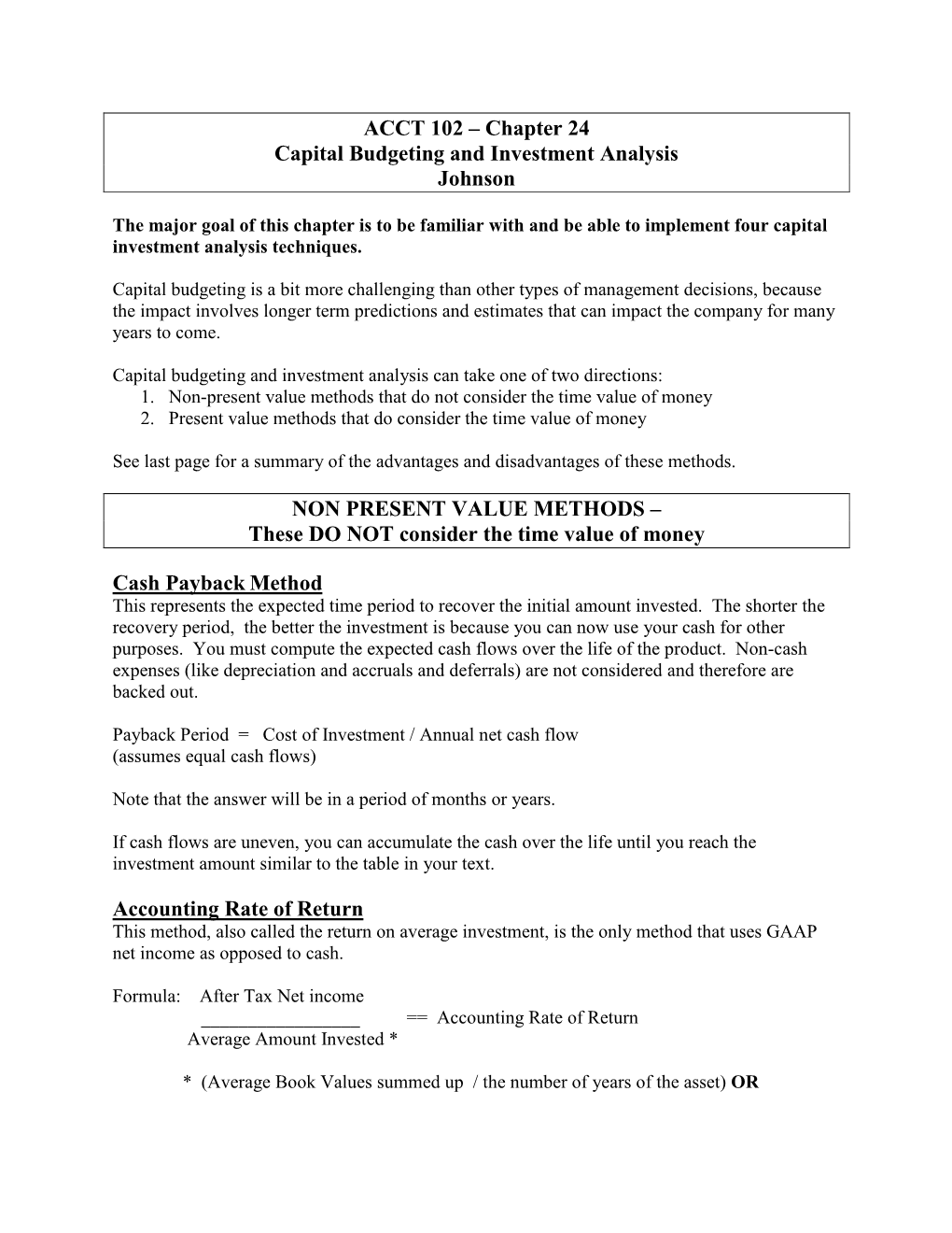 ACCT 102 – Chapter 24 Capital Budgeting and Investment Analysis Johnson