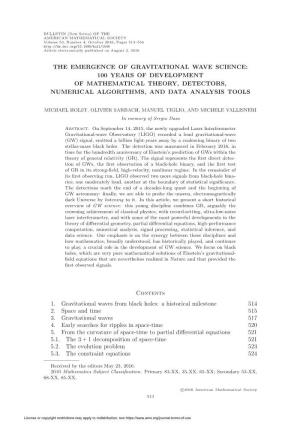 The Emergence of Gravitational Wave Science: 100 Years of Development of Mathematical Theory, Detectors, Numerical Algorithms, and Data Analysis Tools
