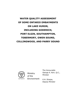 Water Quality Assessment of Some Ontario Embayments on Lake Huron, Including Goderich, Port Elgin, Southampton, Tobermory, Owen Sound, Collingwood, and Parry Sound