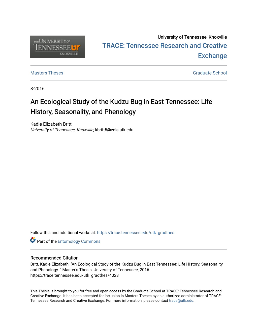 An Ecological Study of the Kudzu Bug in East Tennessee: Life History, Seasonality, and Phenology