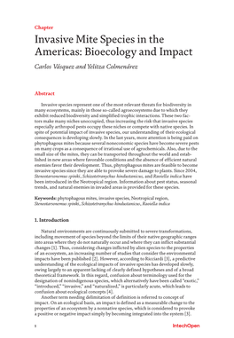 Invasive Mite Species in the Americas: Bioecology and Impact Carlos Vásquez and Yelitza Colmenárez