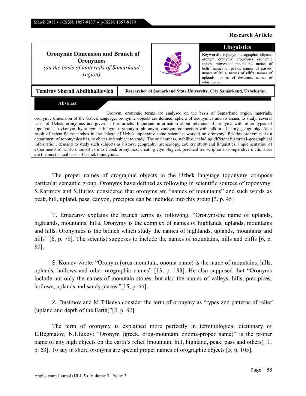 Research Article the Proper Names of Orographic Objects in the Uzbek