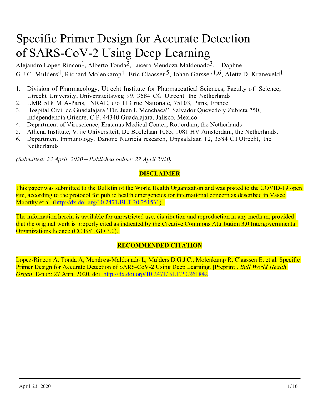 Specific Primer Design for Accurate Detection of SARS-Cov-2 External Link