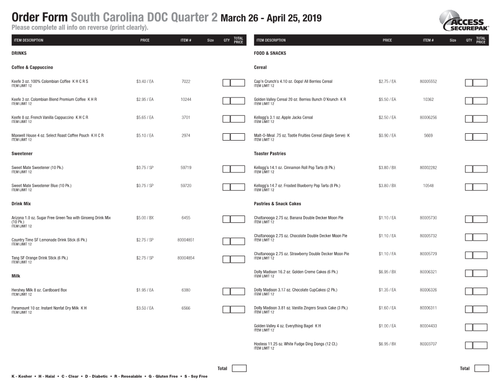 Order Form South Carolina DOC Quarter 2 March 26 - April 25, 2019 Please Complete All Info on Reverse (Print Clearly)