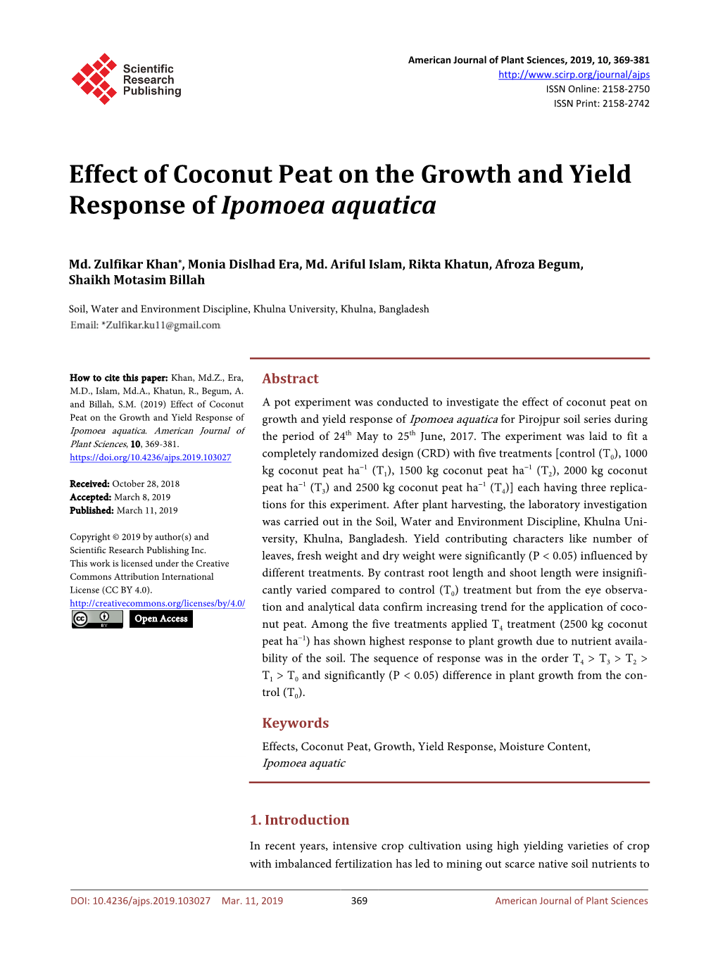 Effect of Coconut Peat on the Growth and Yield Response of Ipomoea Aquatica