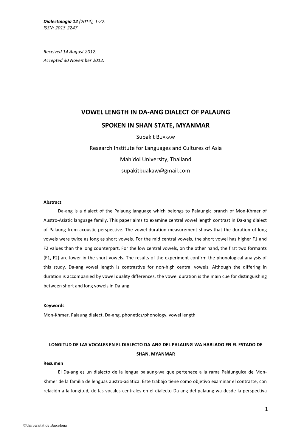 Vowel!Length!In!Da.Ang!Dialect!Of!Palaung!! Spoken!In!Shan!State,!Myanmar!