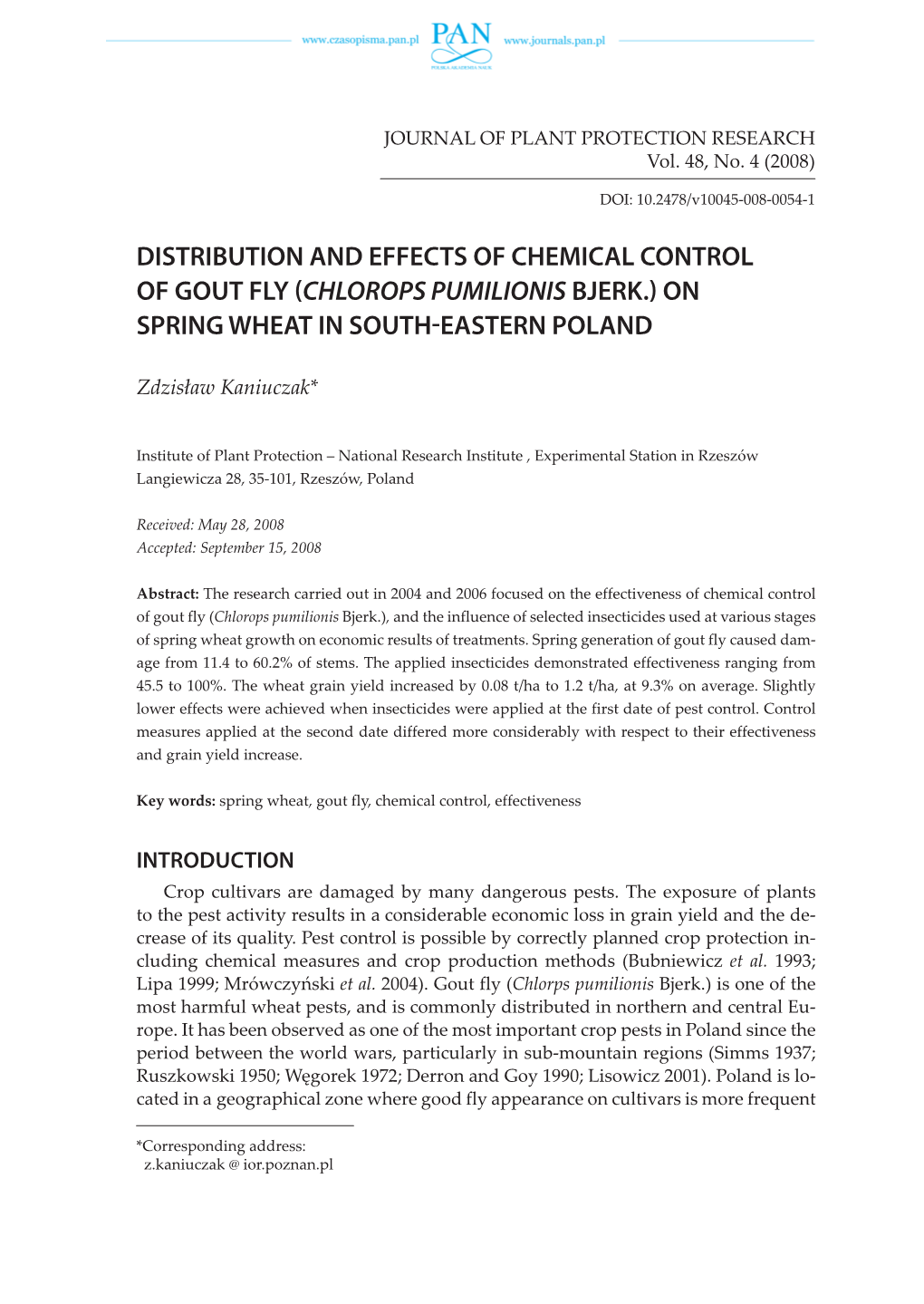 Distribution and Effects of Chemical Control of Gout Fly (Chlorops Pumilionis Bjerk.) on Spring Wheat in South-Eastern Poland