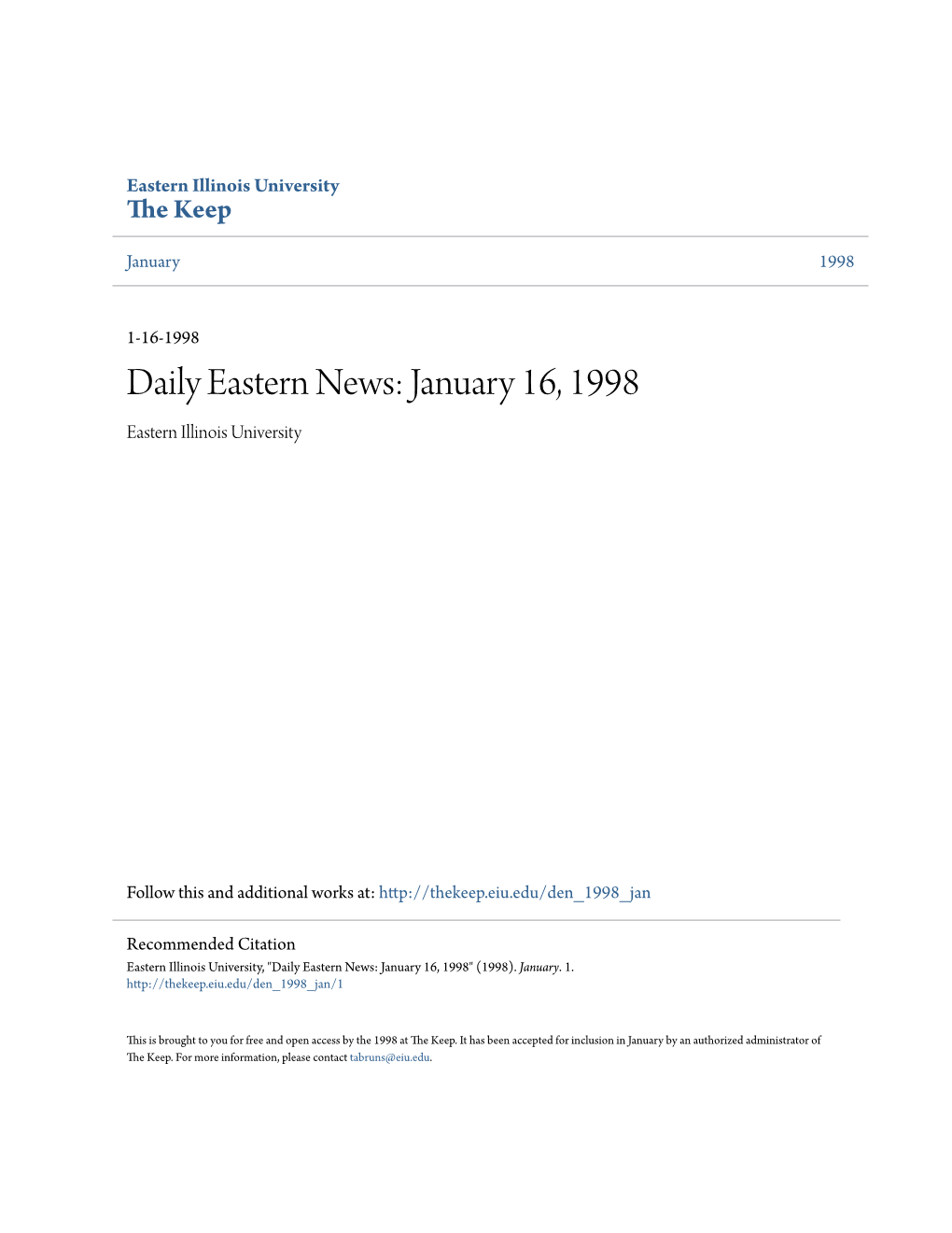 January 16, 1998 Eastern Illinois University