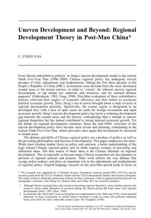 Uneven Development and Beyond: Regional Development Theory in Post-Mao China*