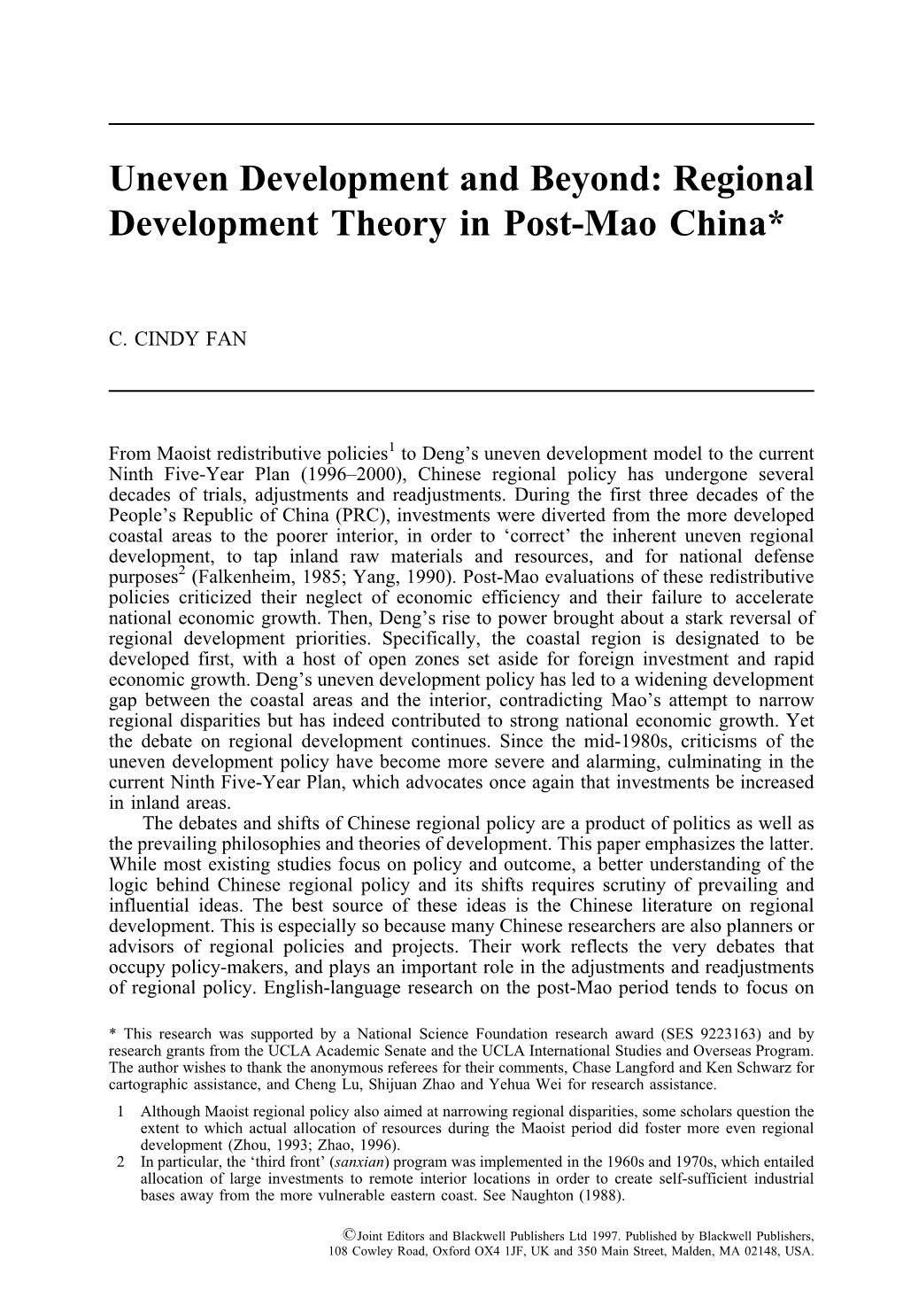 Uneven Development and Beyond: Regional Development Theory in Post-Mao China*