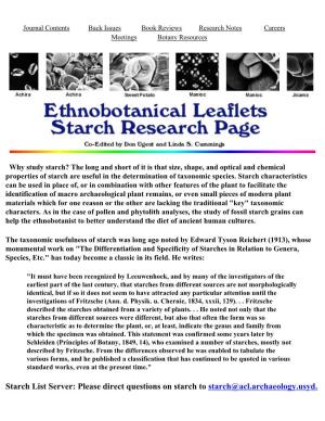 Starch Research Page URL: Last Updated: 14-April-2004 / Du Ethnobotanical Leaflets Starch Research Page
