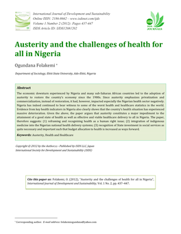 Austerity and the Challenges of Health for All in Nigeria