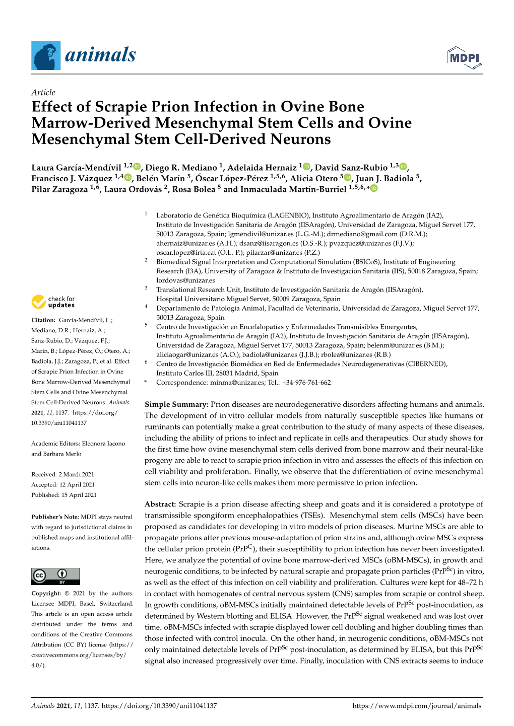 Effect of Scrapie Prion Infection in Ovine Bone Marrow-Derived Mesenchymal Stem Cells and Ovine Mesenchymal Stem Cell-Derived Neurons