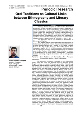 Oral Traditions As Cultural Links Between Ethnography and Literary Classics