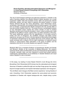 Narrating Internalized Oppression and Misogynoir in Jonas Hassen Khemiri’S Everything I Don’T Remember Benjamin Mier-Cruz University of Wisconsin ______