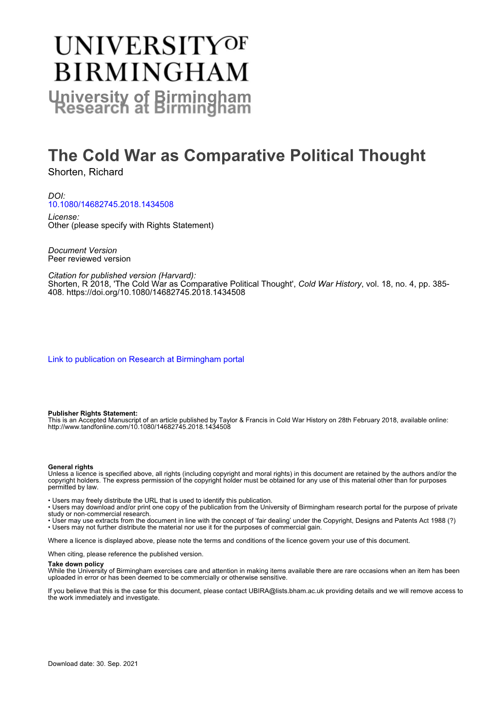 University of Birmingham the Cold War As Comparative Political Thought