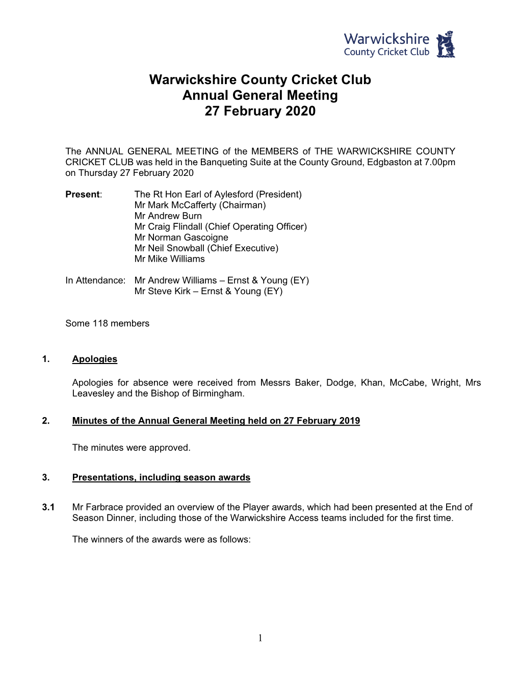 Warwickshire County Cricket Club Annual General Meeting 27 February 2020