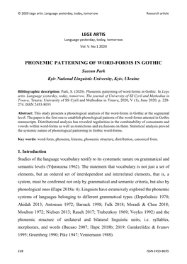 PHONEMIC PATTERNING of WORD-FORMS in GOTHIC Seeeun Park Kyiv National Linguistic University, Kyiv, Ukraine