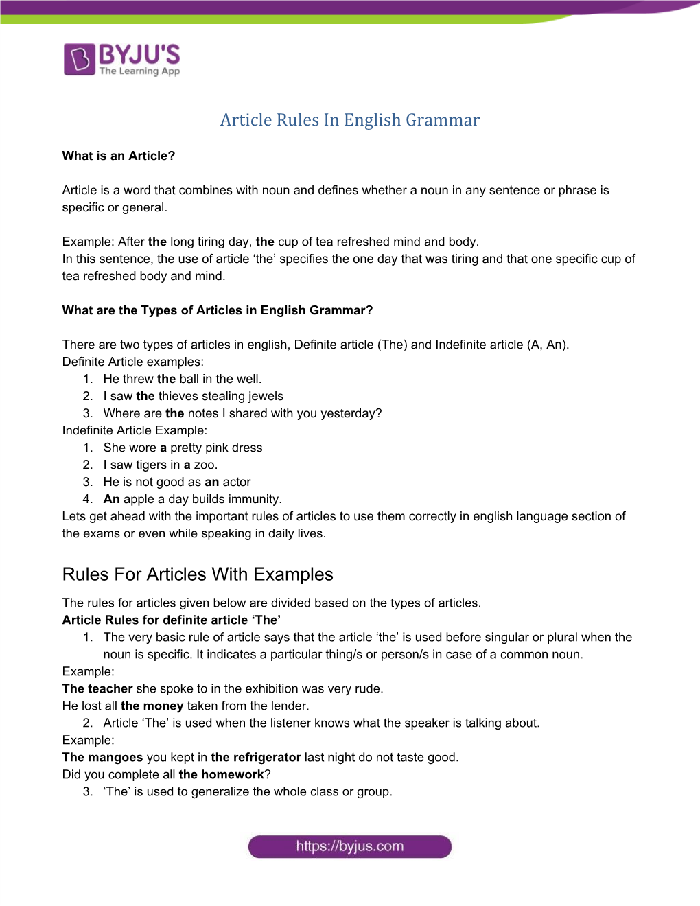 Article Rules in English Grammar Rules for Articles with Examples