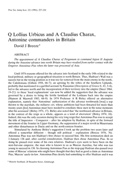 Q Lollius Urbicus and a Claudius Charax, Antonine Commanders In