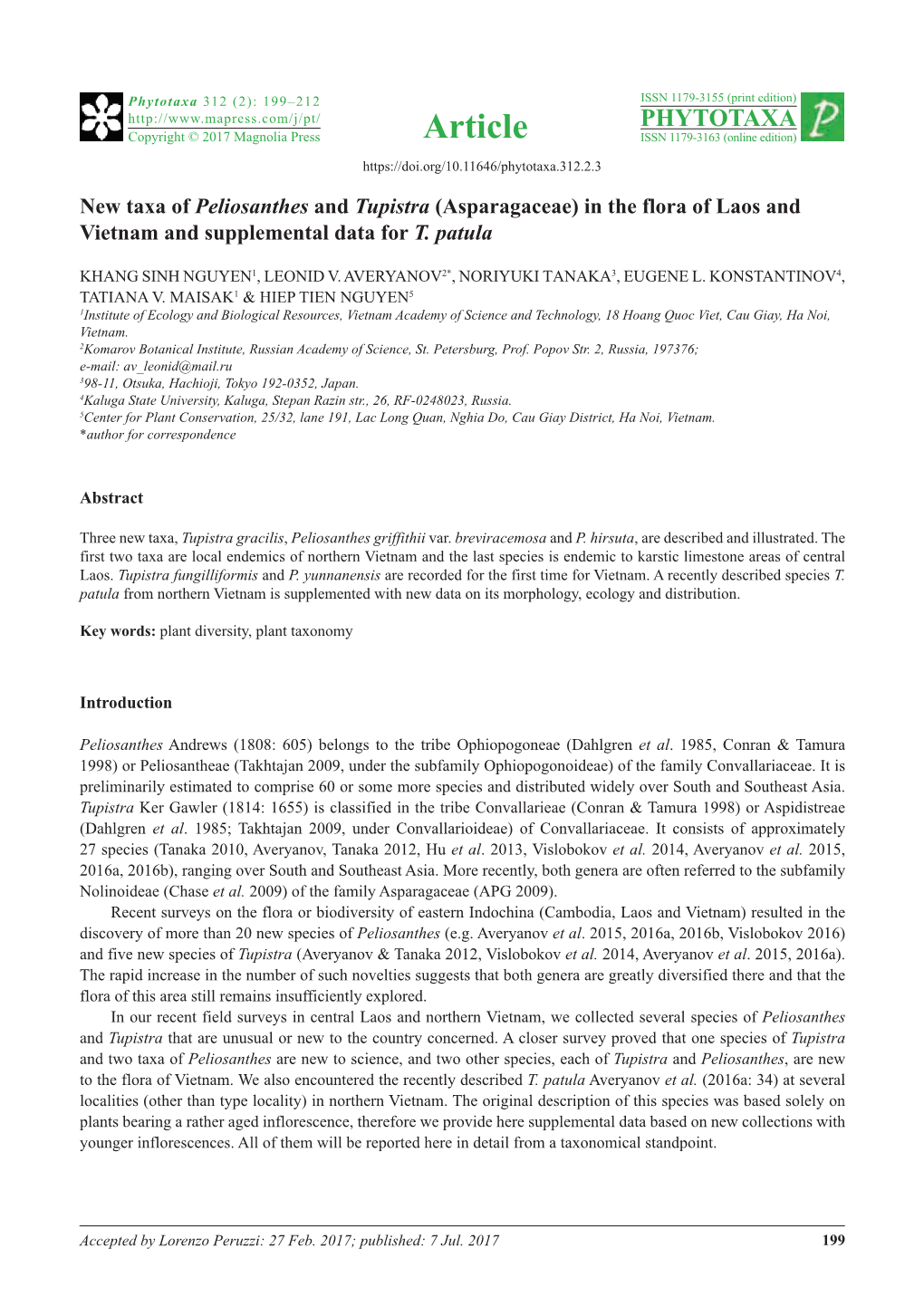 New Taxa of Peliosanthes and Tupistra (Asparagaceae) in the Flora of Laos and Vietnam and Supplemental Data for T