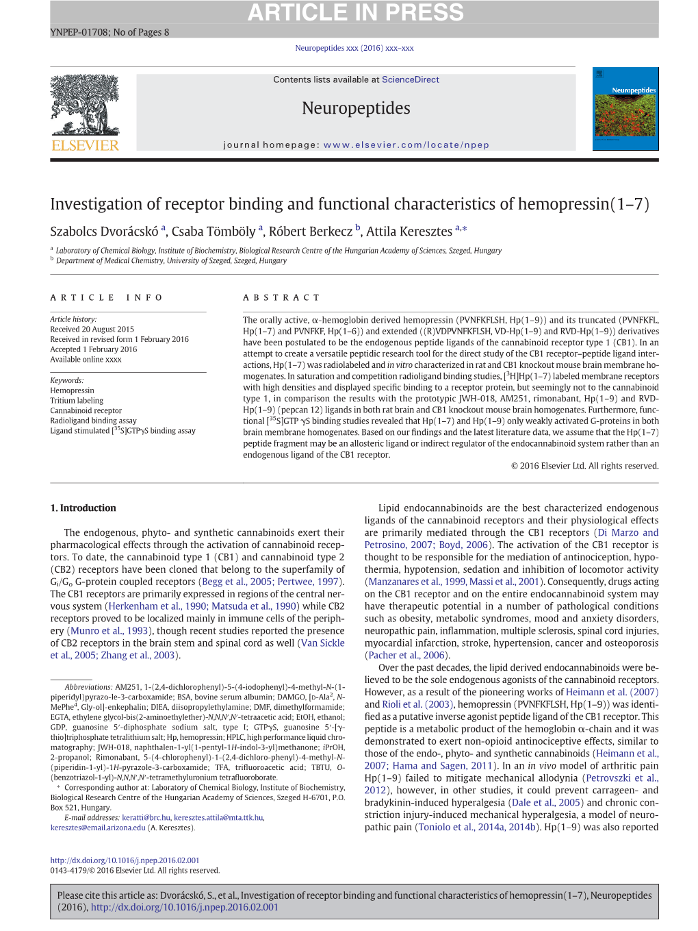 Investigation of Receptor Binding and Functional Characteristics of Hemopressin(1–7)