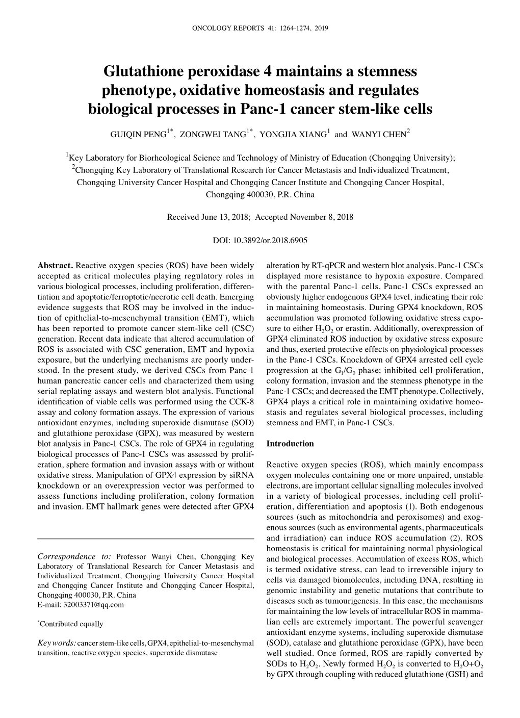 Glutathione Peroxidase 4 Maintains a Stemness Phenotype, Oxidative Homeostasis and Regulates Biological Processes in Panc‑1 Cancer Stem‑Like Cells