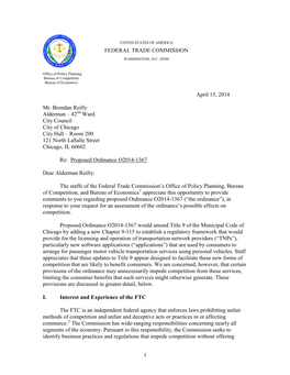 FTC Staff Comment to the Honorable Brendan Reilly Concerning Chicago Proposed Ordinance O2014-1367 Regarding Transportation Netw