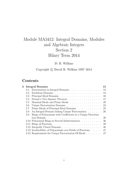 Integral Domains, Modules and Algebraic Integers Section 2 Hilary Term 2014
