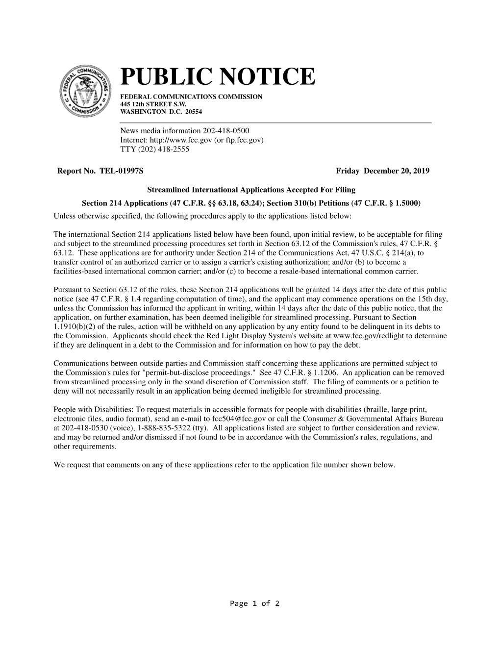 PUBLIC NOTICE FEDERAL COMMUNICATIONS COMMISSION 445 12Th STREET S.W