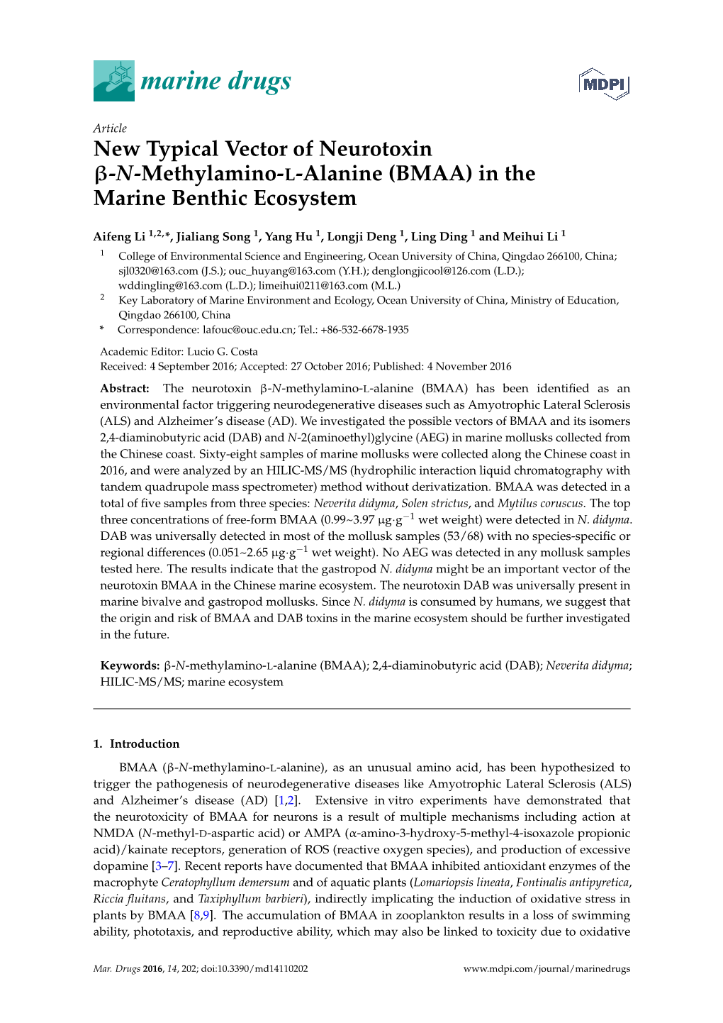 N-Methylamino-L-Alanine (BMAA) in the Marine Benthic Ecosystem