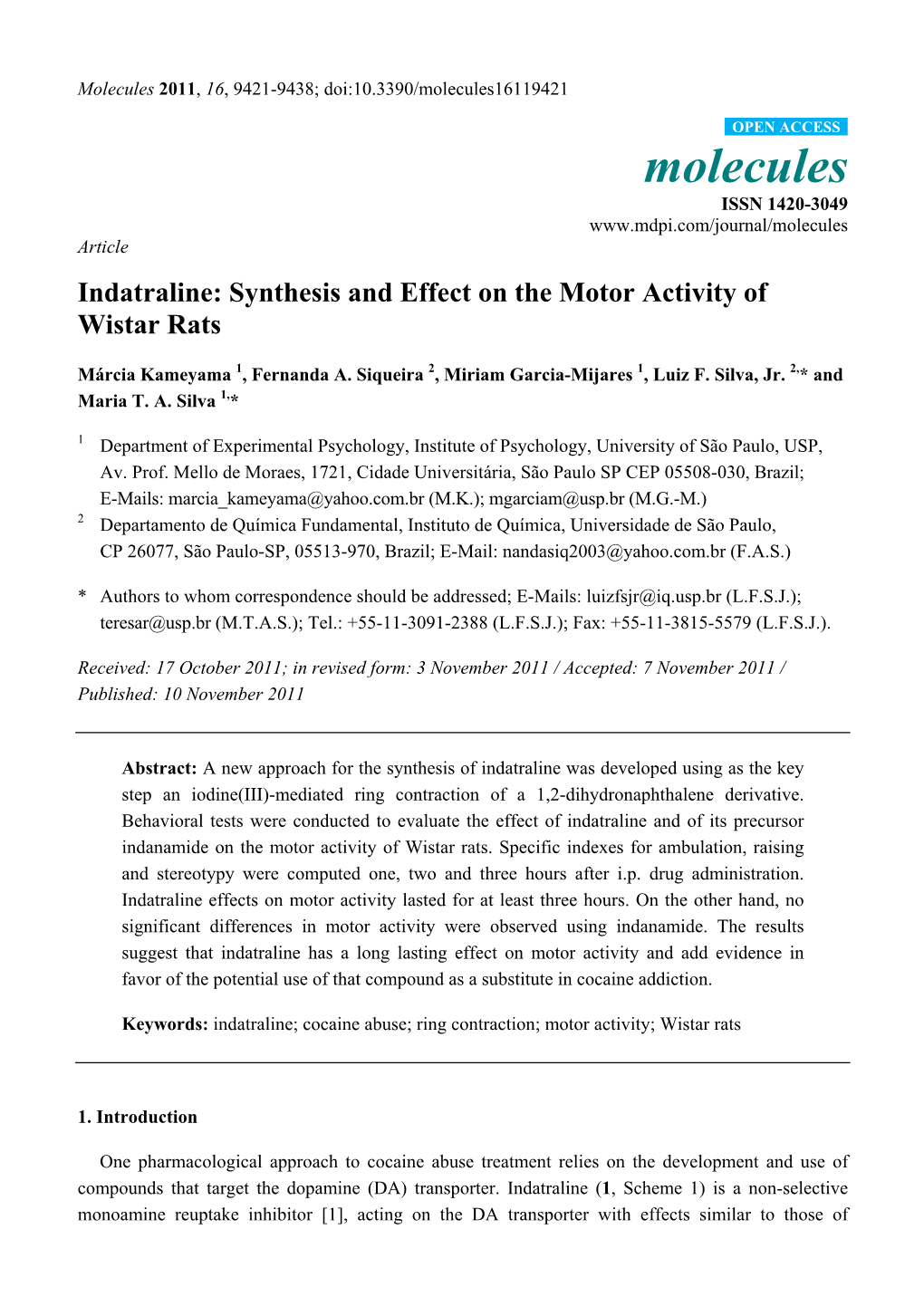 Indatraline: Synthesis and Effect on the Motor Activity of Wistar Rats