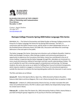 Ramapo College Presents Spring 2020 Italian Language Film Series