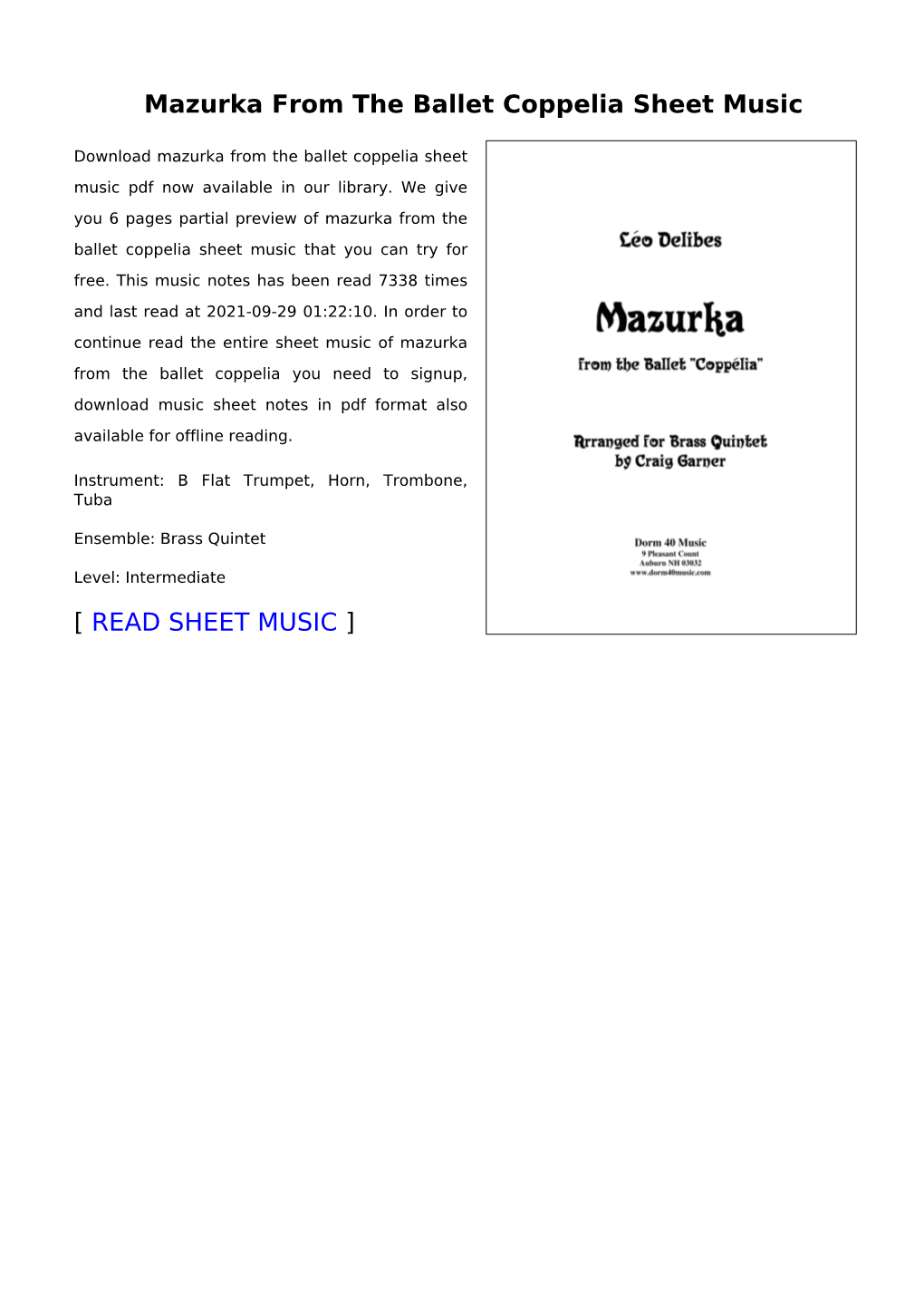 Mazurka from the Ballet Coppelia Sheet Music