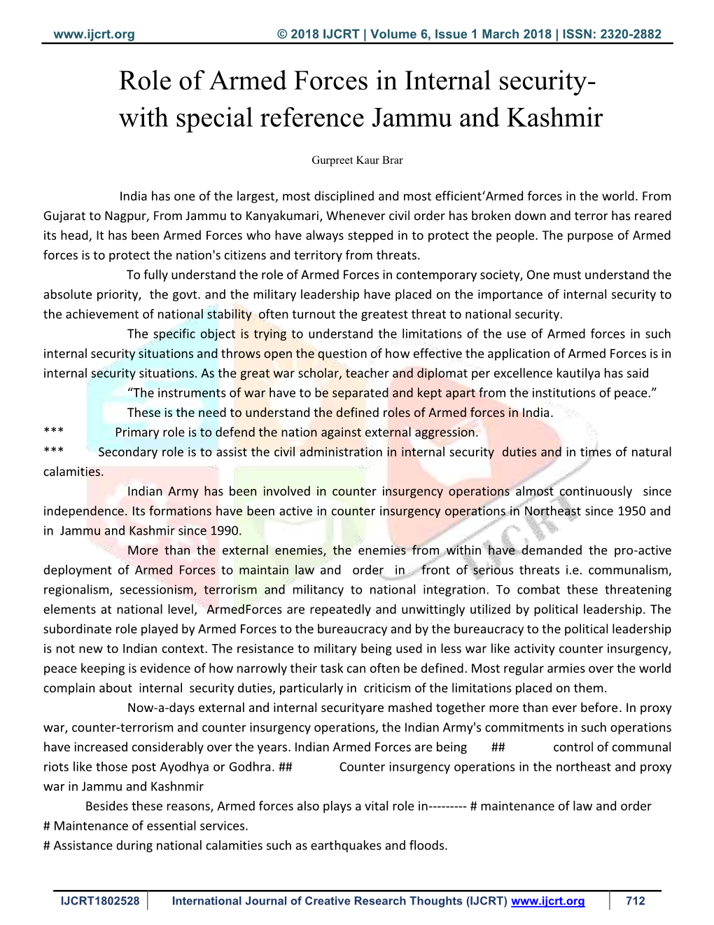 Role of Armed Forces in Internal Security- with Special Reference Jammu and Kashmir