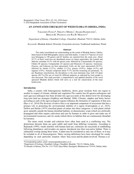 An Annotated Checklist of Weed Flora in Odisha, India 1