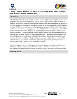 Colony Collapse Disorder and an Analysis of Honey Bee Colony Numbers - High School Sample Classroom Task