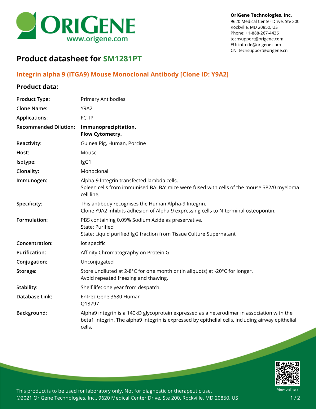 Integrin Alpha 9 (ITGA9) Mouse Monoclonal Antibody [Clone ID: Y9A2] Product Data