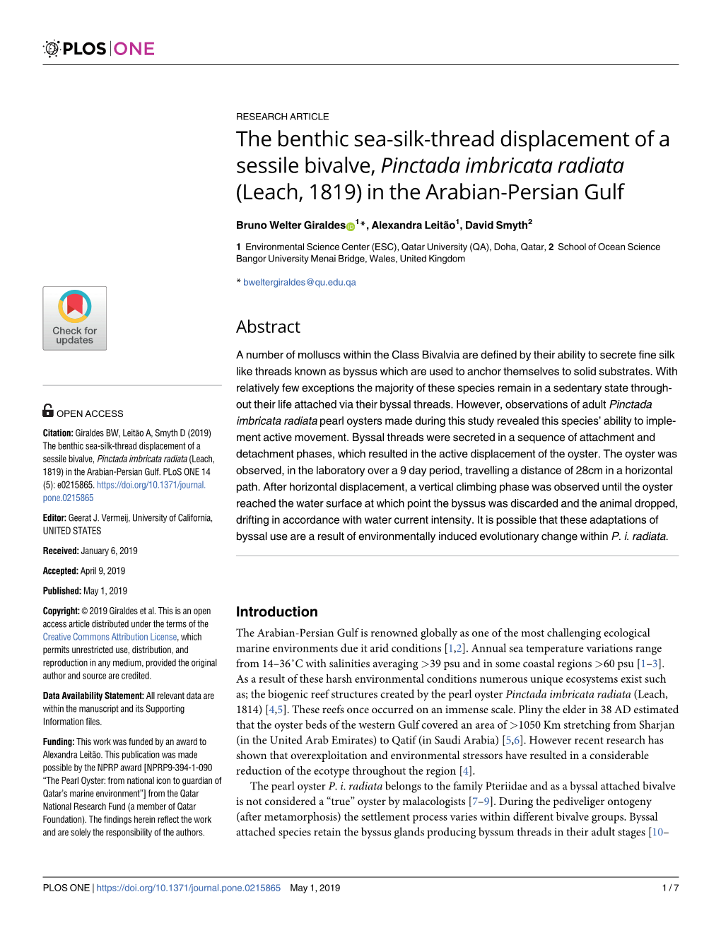 The Benthic Sea-Silk-Thread Displacement of a Sessile Bivalve, Pinctada Imbricata Radiata (Leach, 1819) in the Arabian-Persian Gulf