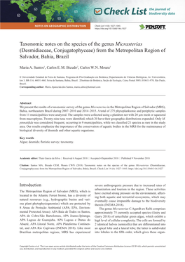 Taxonomic Notes on the Species of the Genus Micrasterias (Desmidiaceae, Conjugatophyceae) from the Metropolitan Region of Salvador, Bahia, Brazil