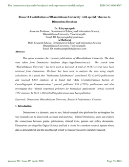 Research Contributions of Bharathidasan University: with Special Reference to Dimensions Database